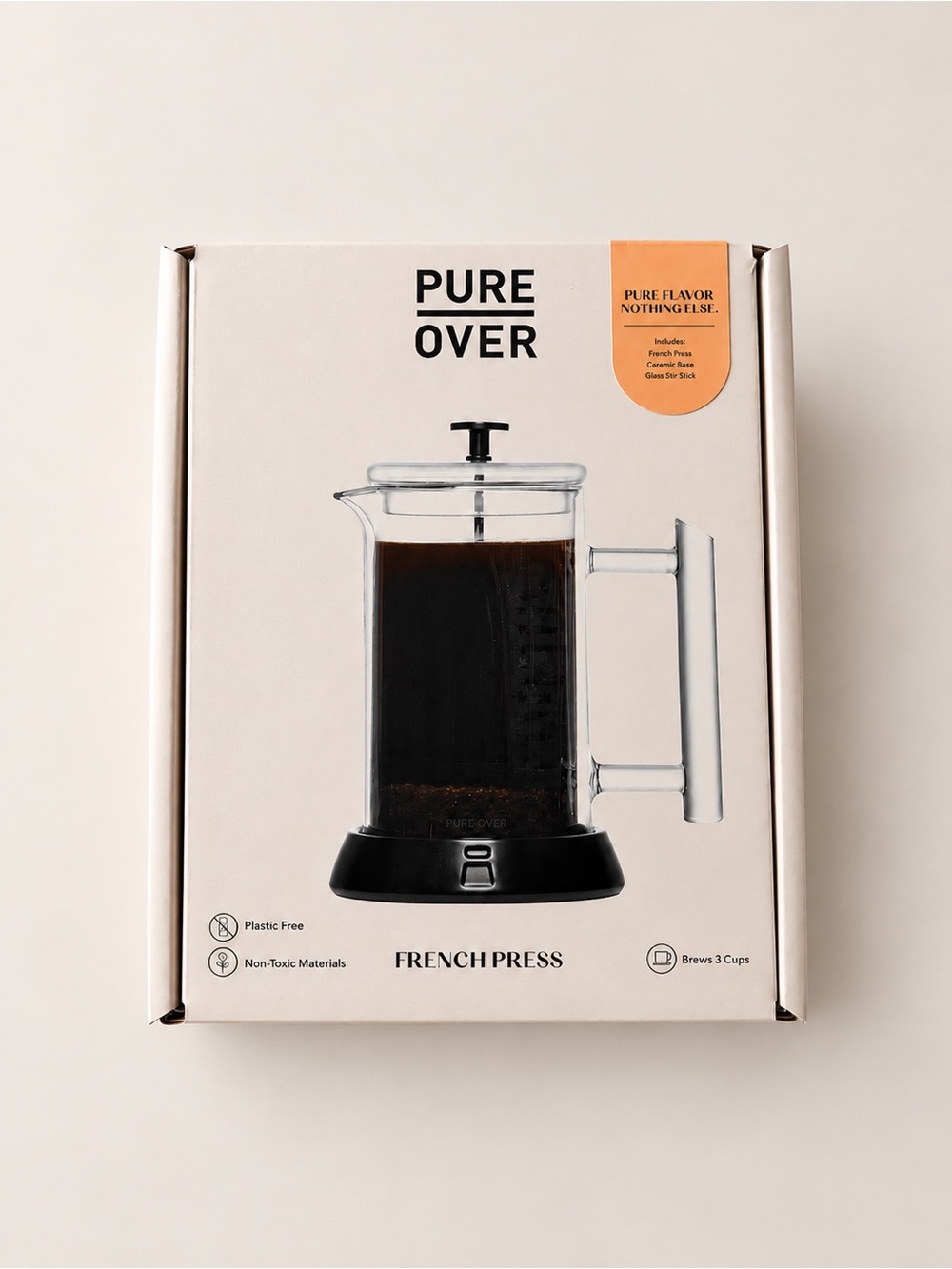 Pure Over Non-Toxic Glass French Press 3 Cup Plastic Free Coffee Maker